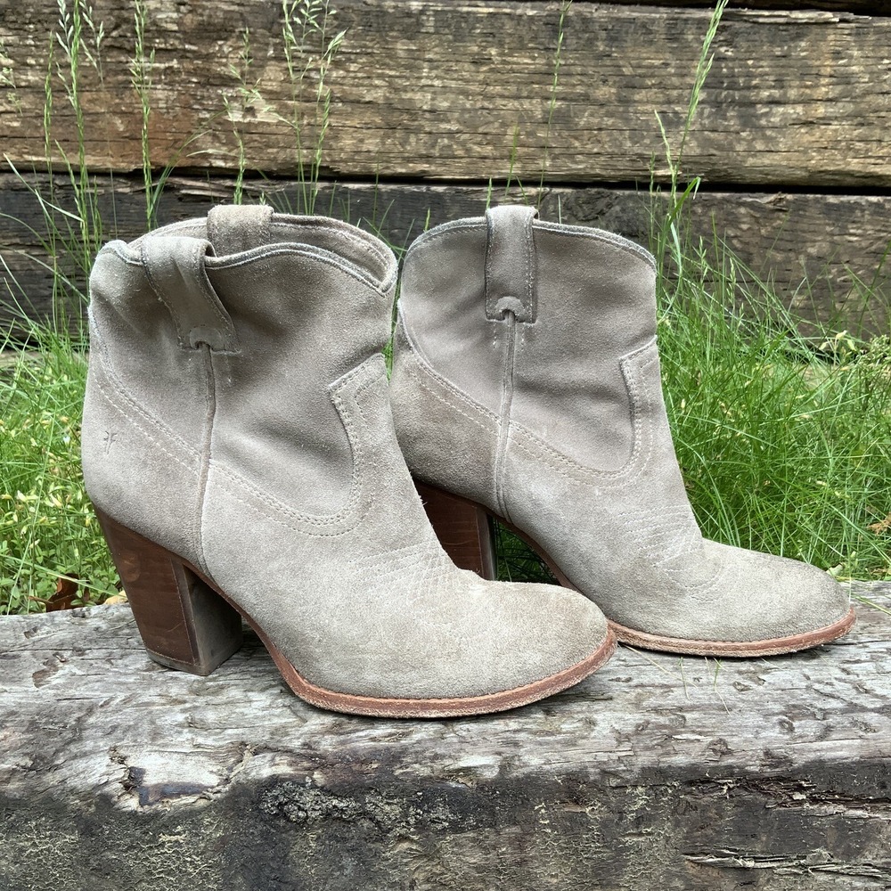 Frye Light Gray Taupe Suede Western-Style Ankle Boots
